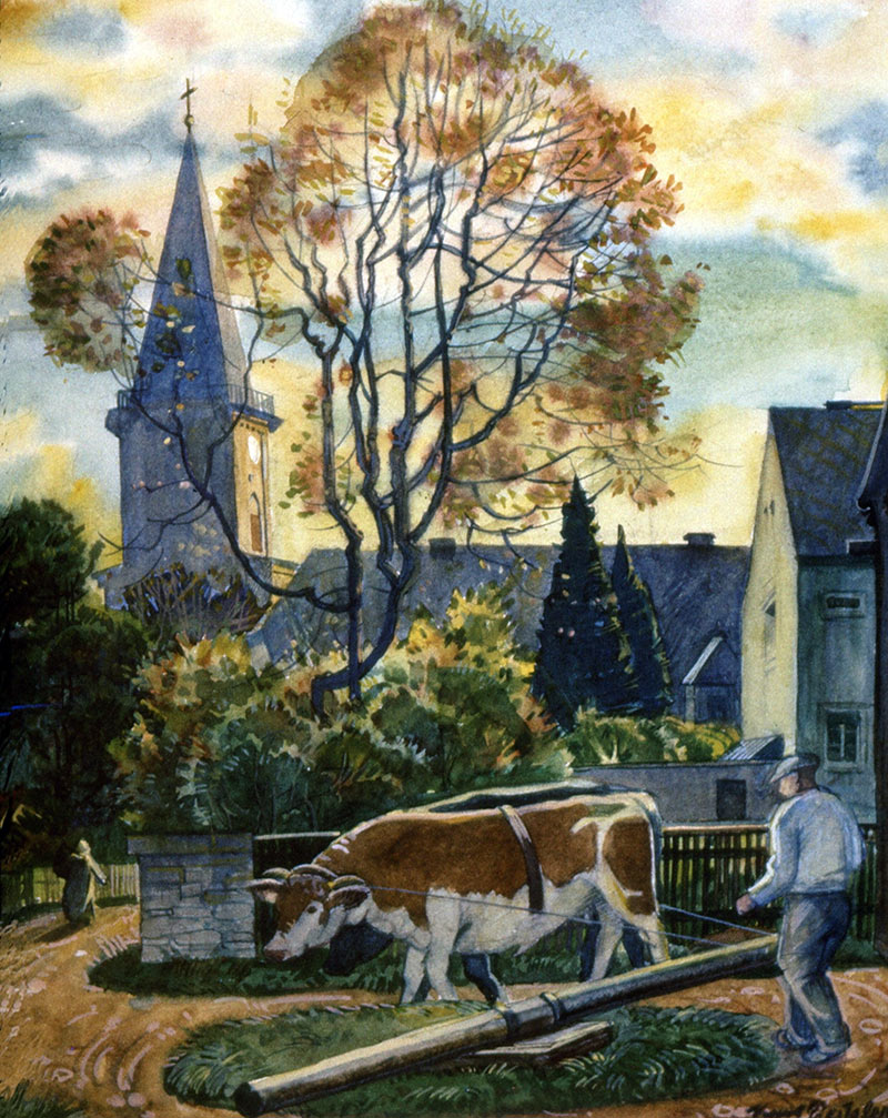 Ein Mann treibt einen Ochsengöbel an. Im Hintergrund ein großer Baum und die Kirche